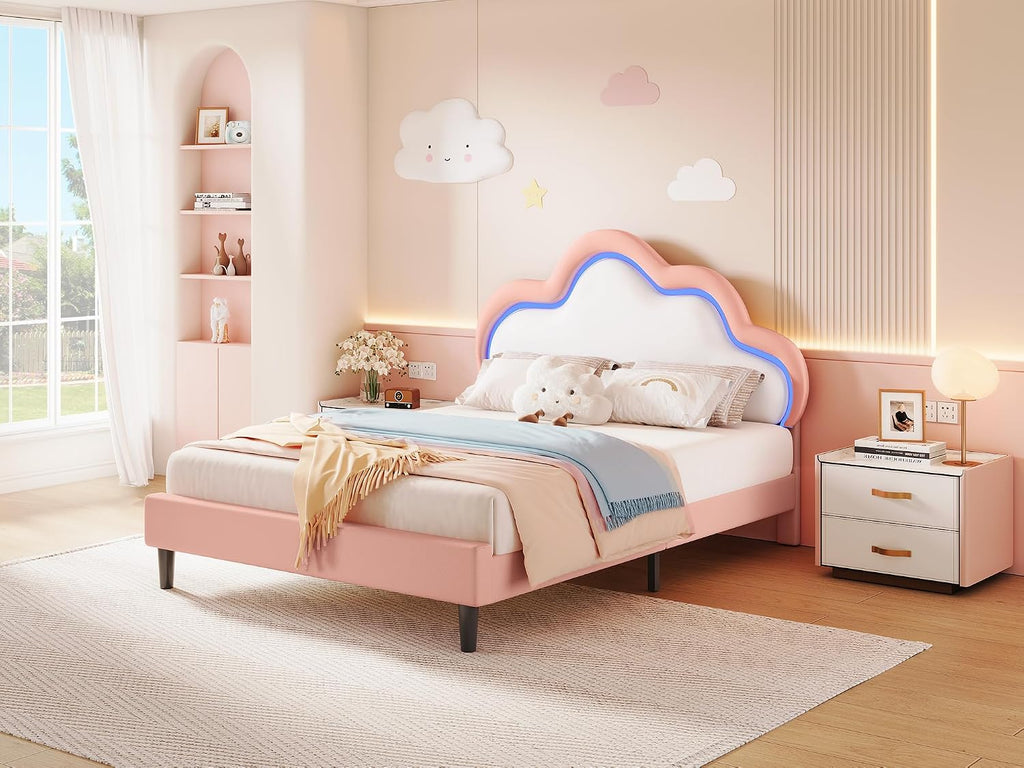 YITAHOME Twin Size Bed Frame, LED Bed with PU Faux Leather Adjustable Cloud Headboard, Platform Upholstered Bed Frame with Wooden Slats Support, No Box Spring Required, Easy Assembly, Pink