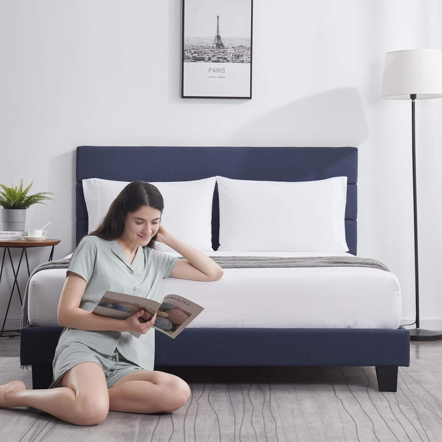 Hearth & Harbor King Bed Frame and Headboard – Linen Horizontal Channel Upholstered King Size Bed Frame, Platform Bed Frame King, Modern Bedframe with Wooden Slats, No Box Spring Needed, Navy