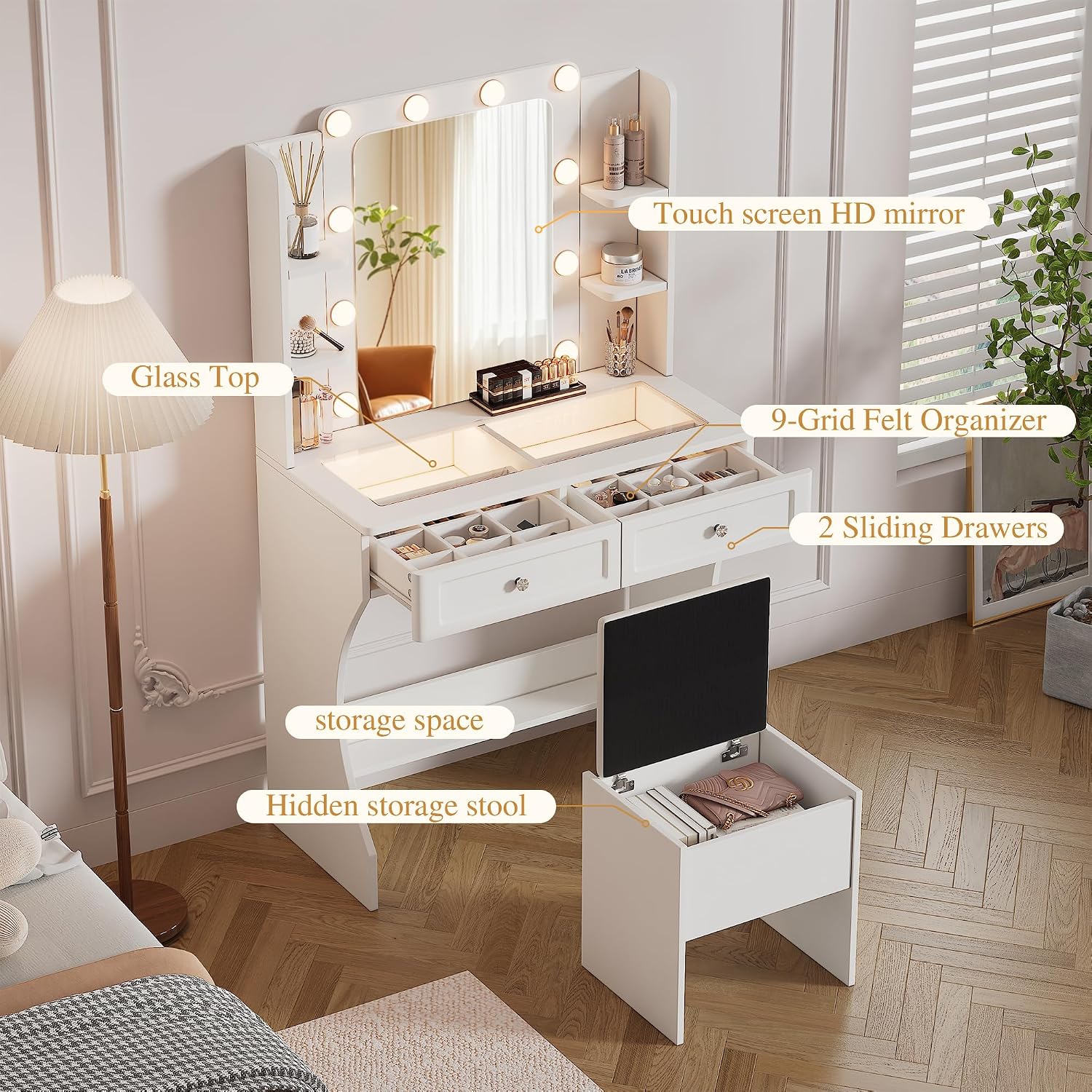 KDCAS Vanity Desk with Mirror and Lights | 31.5' Modern Glass Top Makeup Vanity Set with 2 Drawers & Hidden Storage Stool | Small Space Dressing Table for Bedroom(White)