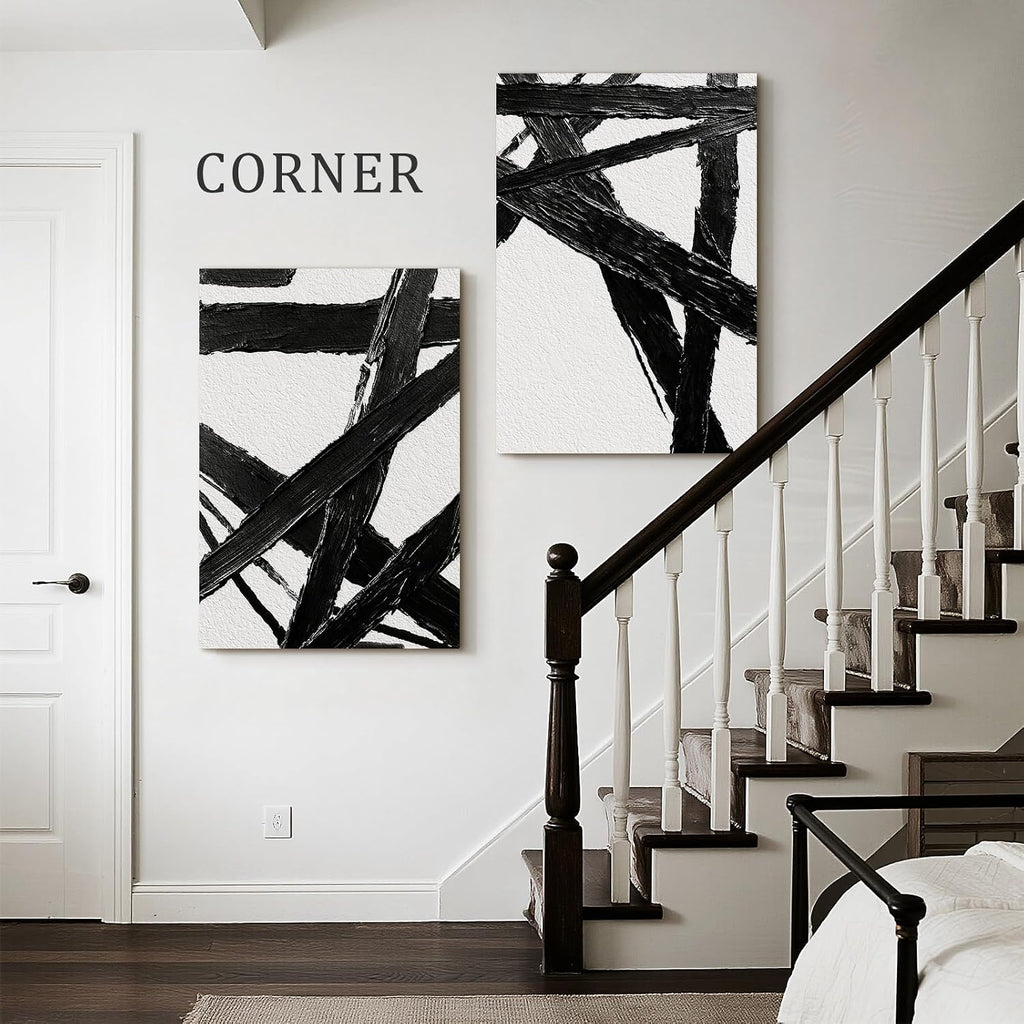 Bzstyleart Large Abstract Wall Art for Living Room, Set of 2 Black and White Modern Neutral Wall Art Hallway Office Bedroom, Boho Modern Minimalist Print Painting Large Abstract Artwork, 24 x 36 Inch