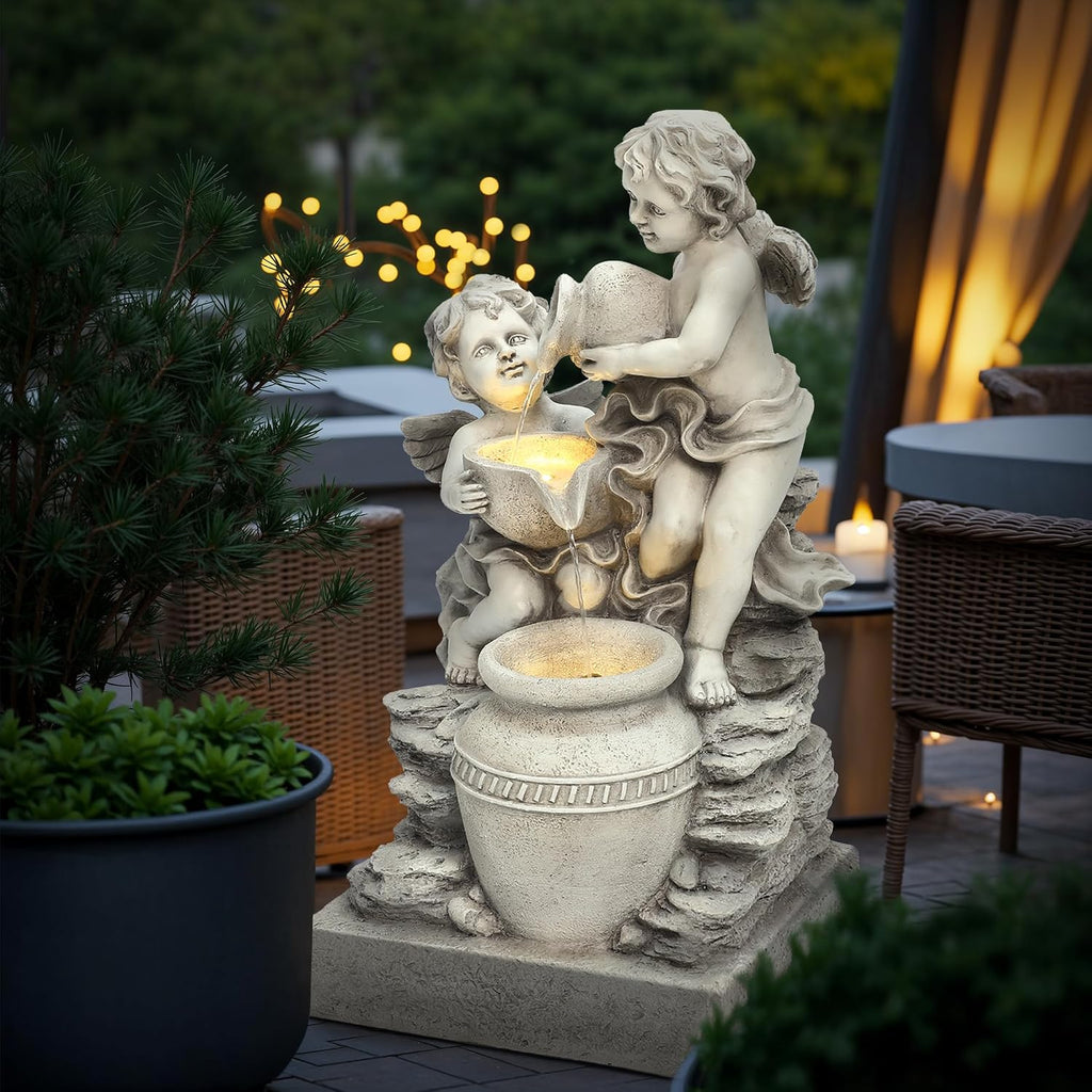 LuxenHome 30 Inch Outdoor Water Fountain, Resin Angels Water Fountains Indoor and Outdoor with LED Light, 3 Layers Angels and Urn Garden Water Fountain, Decorative Waterfall for Backyard