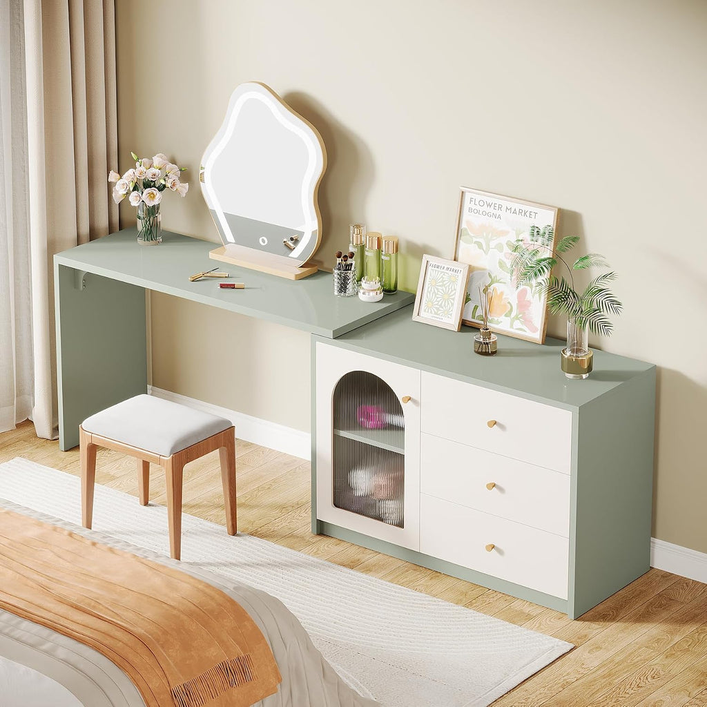 Tribesigns Modern Makeup Vanity, Retractable Large Vanity Desk with 3 Drawers and Cabinet, Makeup Corner Dressing Table for Bedroom, Light Green and White (Without Mirror)