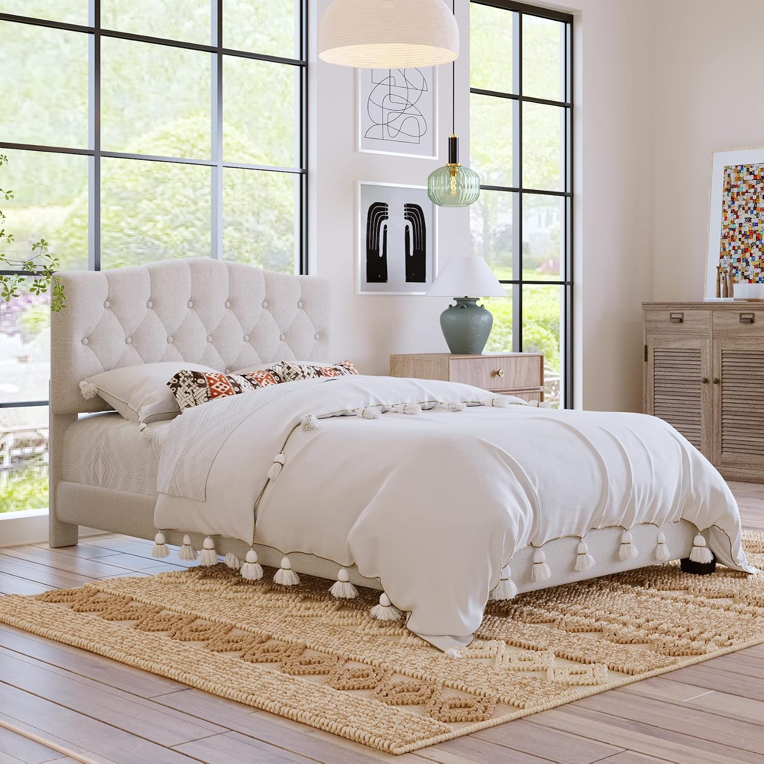King Size Bed Frame, Upholstered Platform Bed with Diamond Tufted Headboard, Sturdy Slat Support Mattress Foundation, No Box Spring Needed, Modern Bedroom Furniture (King)