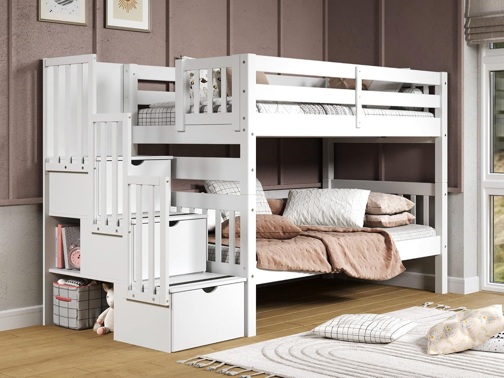 Bedz King Stairway Bunk Beds Twin Over Twin, 3 Step Drawers, White
