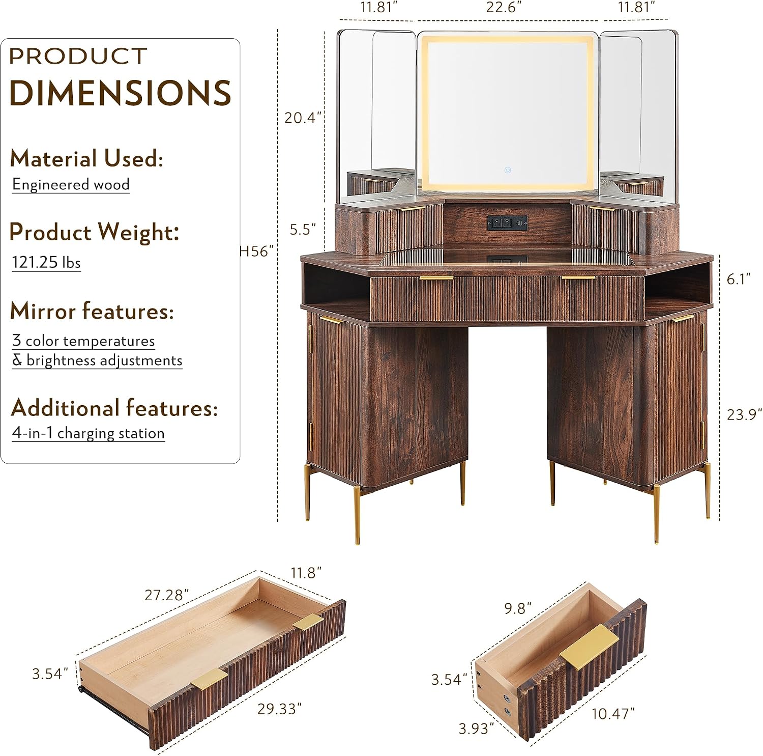 T4TREAM 48' Fluted Makeup Vanity Desk with HD Triple Mirror and Lights, Large Lighted Corner Vanity with Glass Top, Modern Dressing Table with 3 Drawers & 2 Cabinets for Bedroom, Dark Walnut