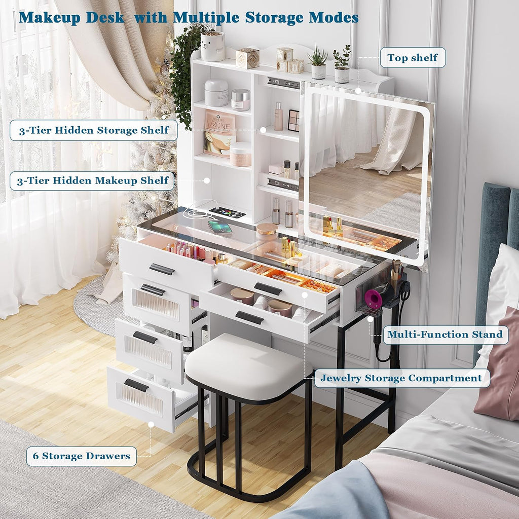 WOOVIVS Glass Top Vanity with LED Mirror, 6 Drawer Dresser with Charging Station for Bedroom, Small Makeup Vanitys Table with RGB Light, Vanity Set with Chair,Jewelry Organizer for Girls-White