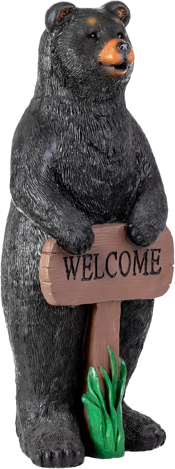 Alpine Corporation 36' Tall Outdoor Standing Black Bear with Welcome Sign Yard Statue Decoration