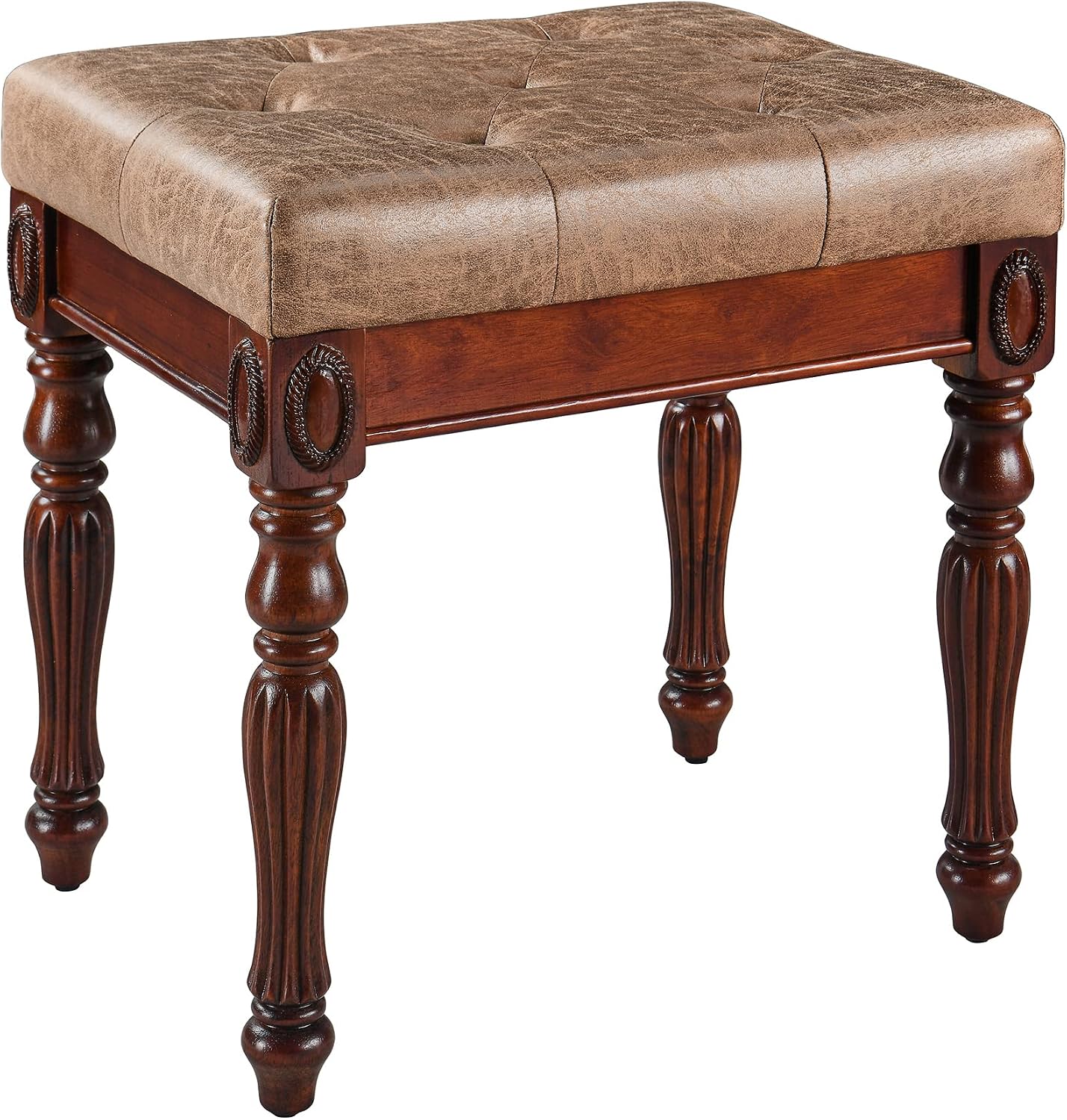 LEEMTORIG Vanity Stool Bench Ottoman Stool, Traditional Victorian Style Piano Bench Chair, Upholstered Button Tufted Solid Wood Short Bench, 14.2' Dx18.5 Wx19.1 H, Yellowish Brown Fabric, FD-1533-LT