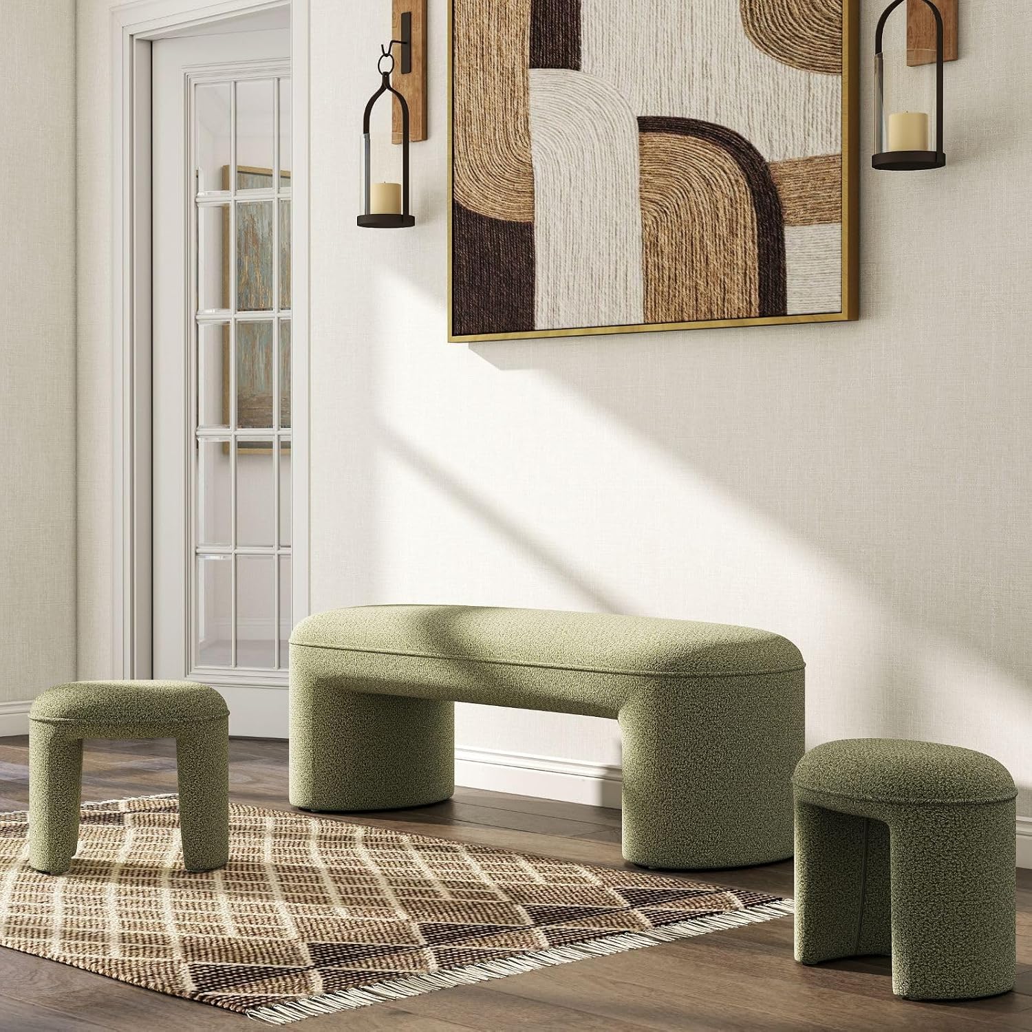 3-Piece Nesting Ottoman Bench Set，53' Long Upholstered End of Bed Bench with 2 15' Foot Stools Chenille Modern Arched Bench Comfy Entry Bench Vanity Stools for Living Room Bedroom, Green
