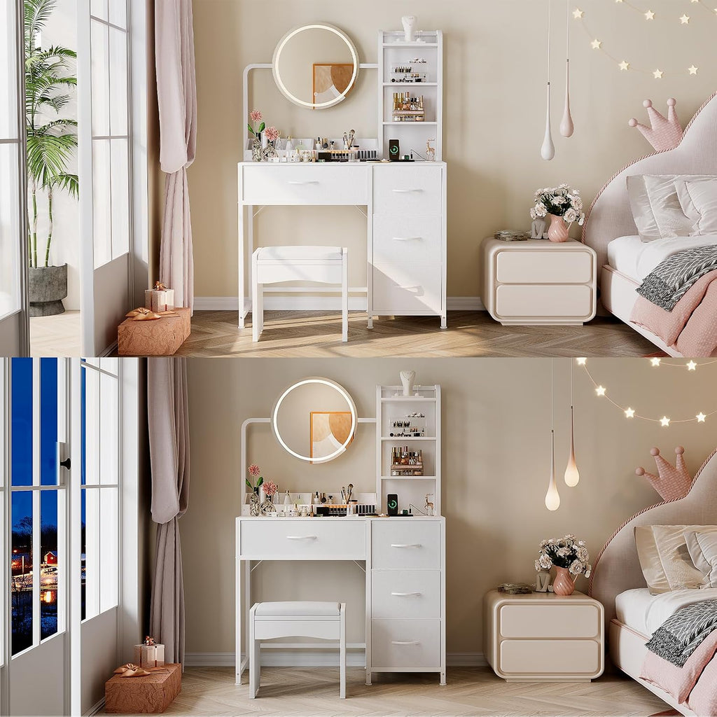 Patikuin Makeup Vanity with LED Mirror & Power Outlet, Small Dressing Table Set with Drawers & Shelves, Vanity Desk for Bedroom Beauty Corner