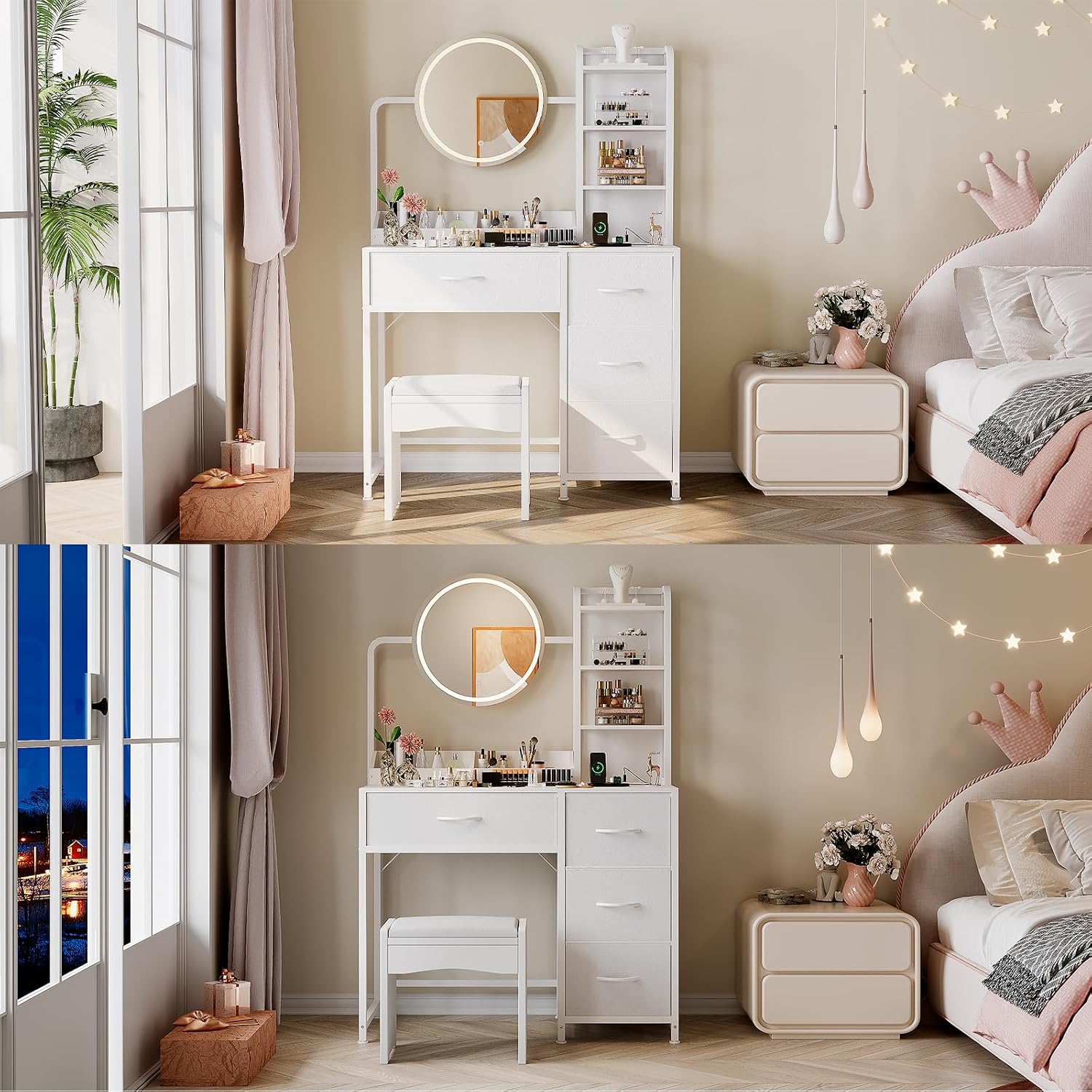 Patikuin Makeup Vanity with LED Mirror & Power Outlet, Small Dressing Table Set with Drawers & Shelves, Vanity Desk for Bedroom Beauty Corner