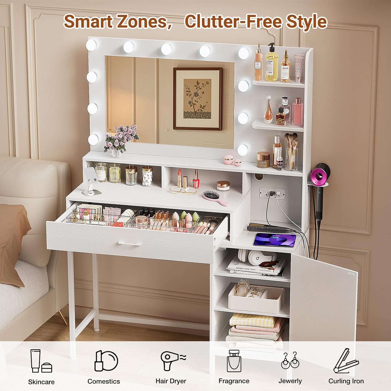Driftalia Vanity Desk with Mirror and Lights, Makeup Vanity with Storage Drawer, Power Outlet and Large Cabinet for Bedroom - White