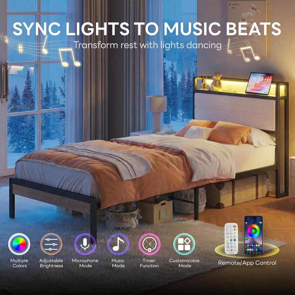 LIKIMIO Twin XL Bed Frame with Storage Headboard and LED Lights, Metal Platform Bed with Charging Station, Noise Free, No Box Spring Needed, Under Bed Storage, Natural and Cream