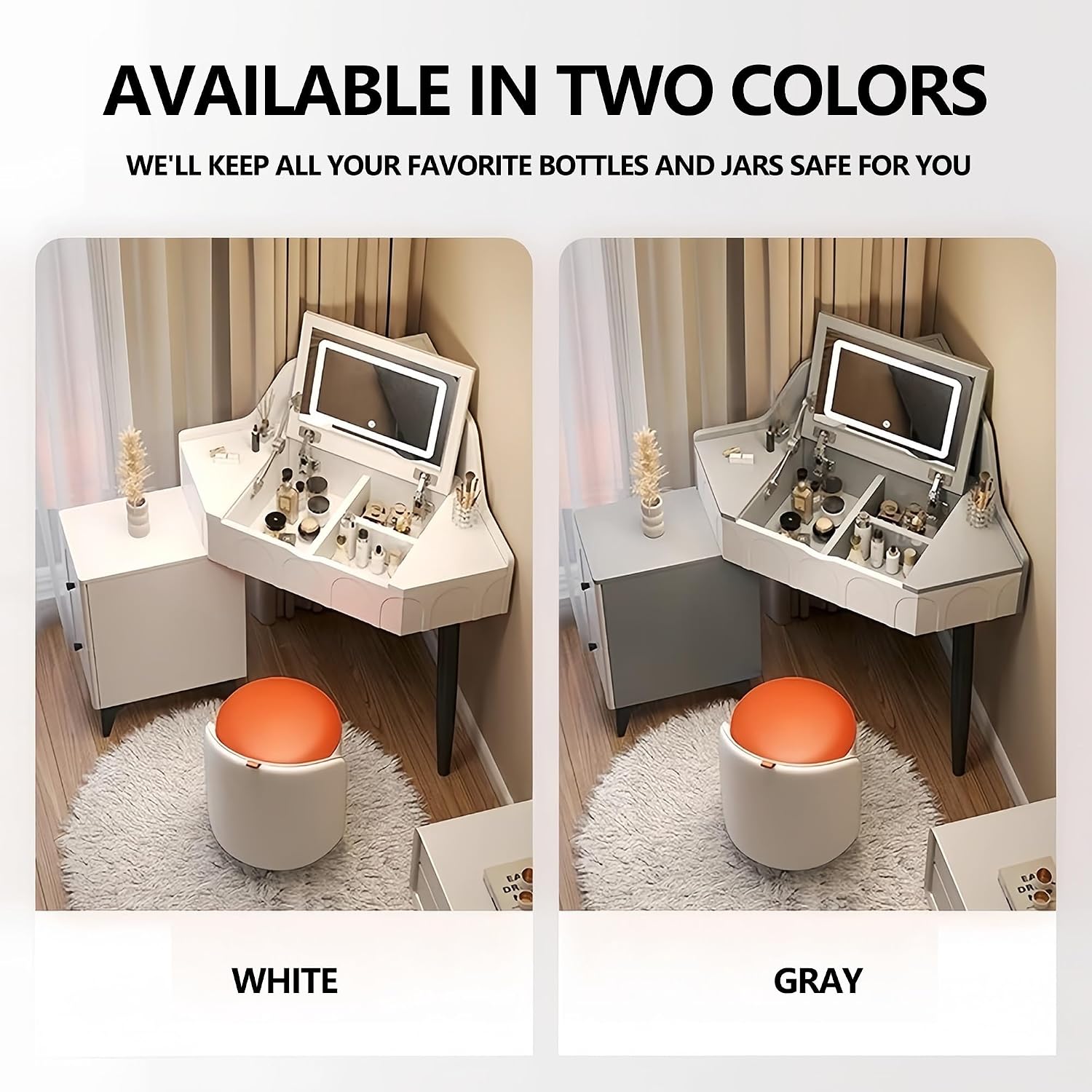 Modern Flip Top Vanity Table with LED Mirror and Drawers, Corner Dresser with Side Storage Cabinet in Small Space, Makeup Desk with Ergonomic Chair(Gray,W/CHR-B)