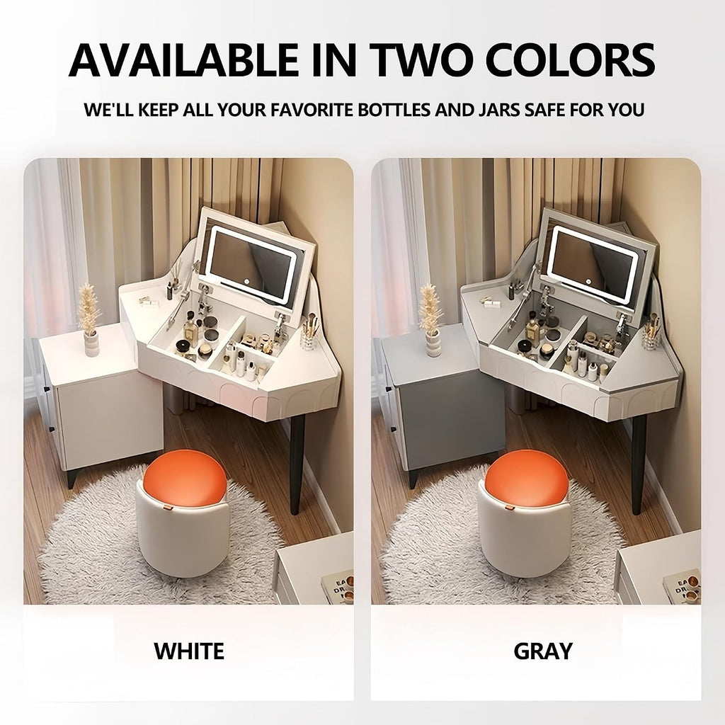 Modern Flip Top Vanity Table with LED Mirror and Drawers, Corner Dresser with Side Storage Cabinet in Small Space, Makeup Desk with Ergonomic Chair(Gray,W/CHR-A)