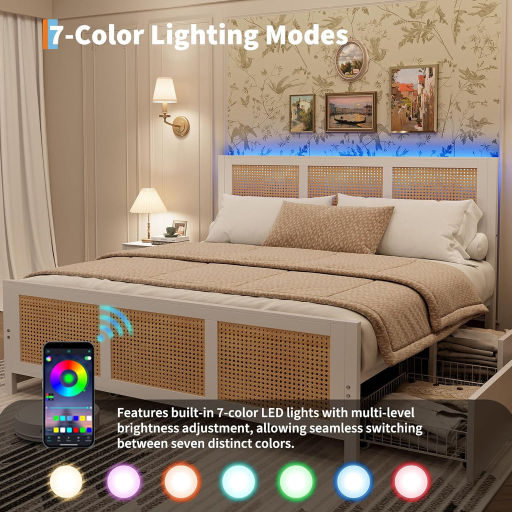 IDEALHOUSE Rattan Bed Frame with Storage Drawers, Boho Full Size Led Bed Frame with Strong Metal Slats Support, No Box Spring Needed, Noise-Free Design, White