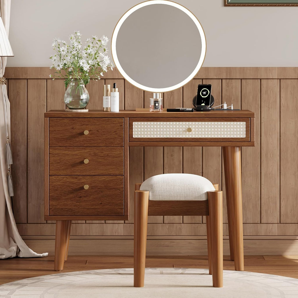 JIVOIT Vanity Table Set with Stool, 39' Retro Bohemian Style Dressing Table 3 Storage Drawers and 1 Rectangular Rattan Drawer, Wooden Makeup Vanity Set for Small Space (Walnut,Vanity Set)
