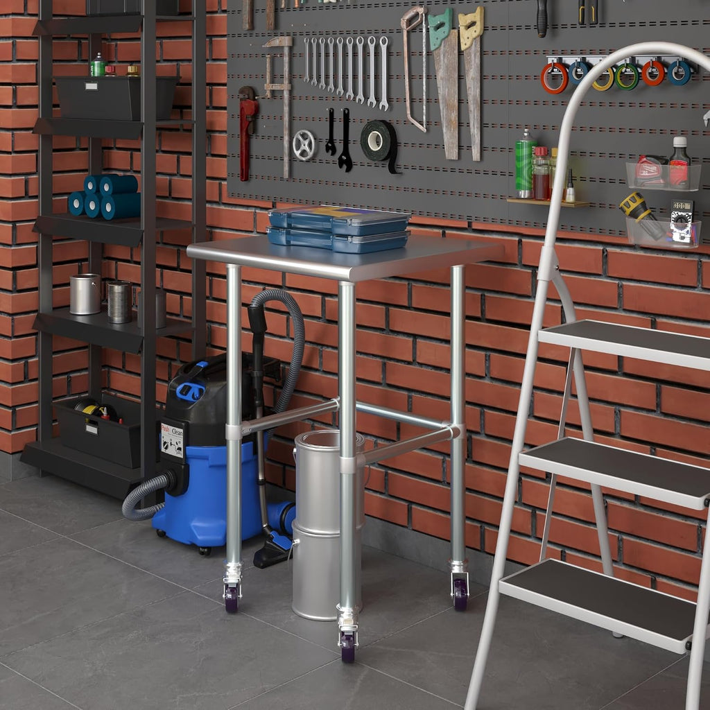AmGood Stainless Steel Work Table Open Base & Wheels | Work Station | Metal Work Bench (Stainless Steel Work Table Open Base + Casters, 24' Long x 24' Deep)