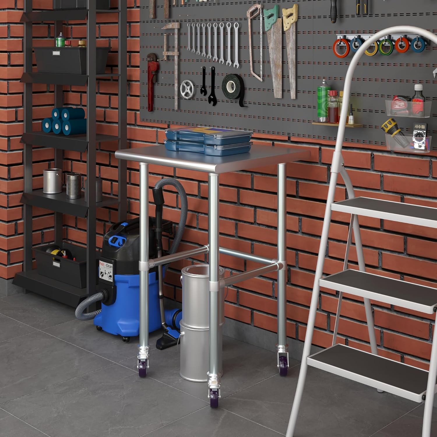 AmGood Stainless Steel Work Table Open Base & Wheels | Work Station | Metal Work Bench (Stainless Steel Work Table Open Base + Casters, 24' Long x 24' Deep)