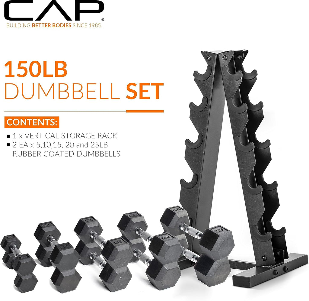 CAP Barbell 150 LB Coated Hex Dumbbell Weight Set with Vertical Rack | Multiple Options
