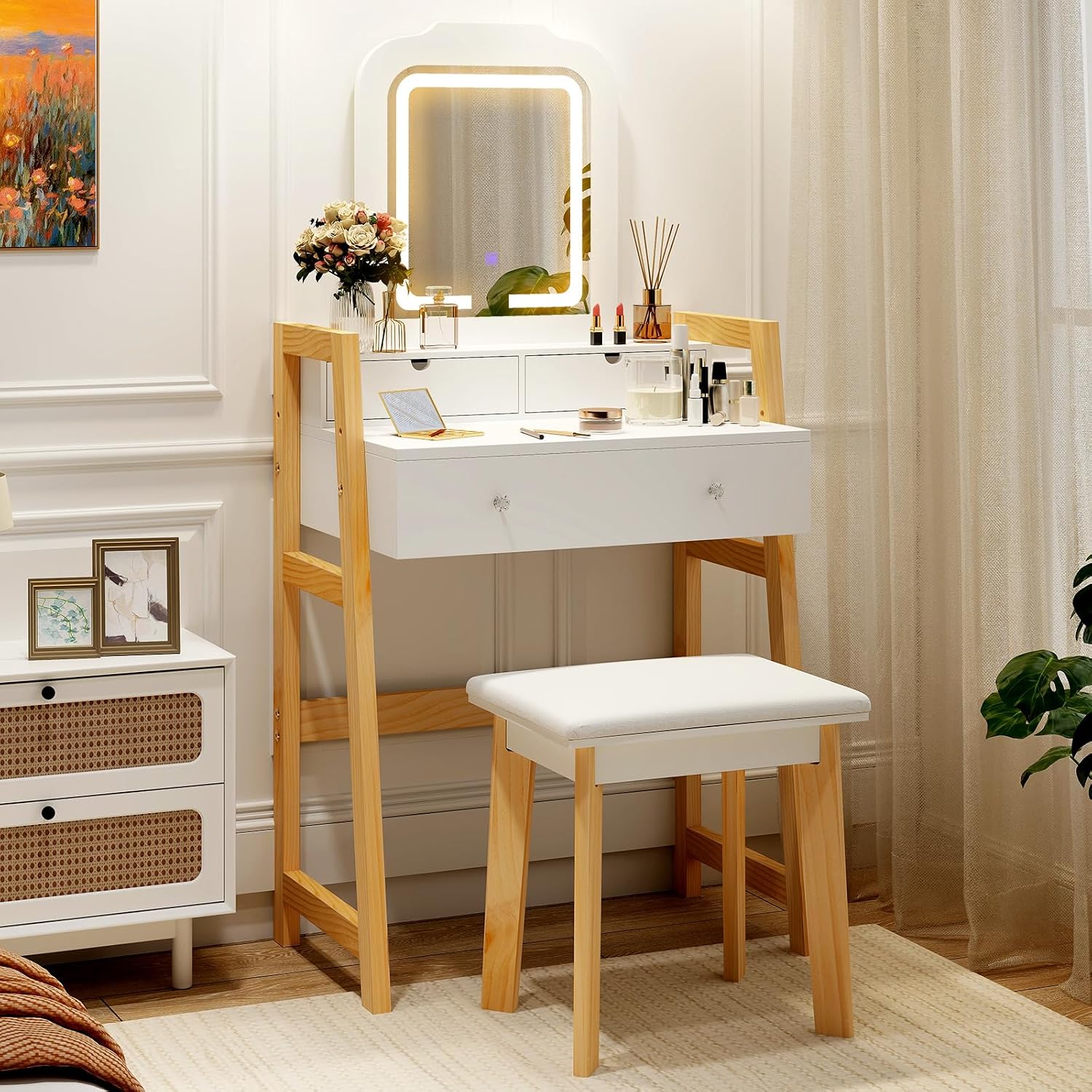 CHARMAID Small Vanity Desk with Mirror and Lights, White Makeup Vanity Desk with 3 Drawers, Adjustable Heights, 3 Color Lighting Modes, Compact Bedroom Dressing Table with Stool for Small Space
