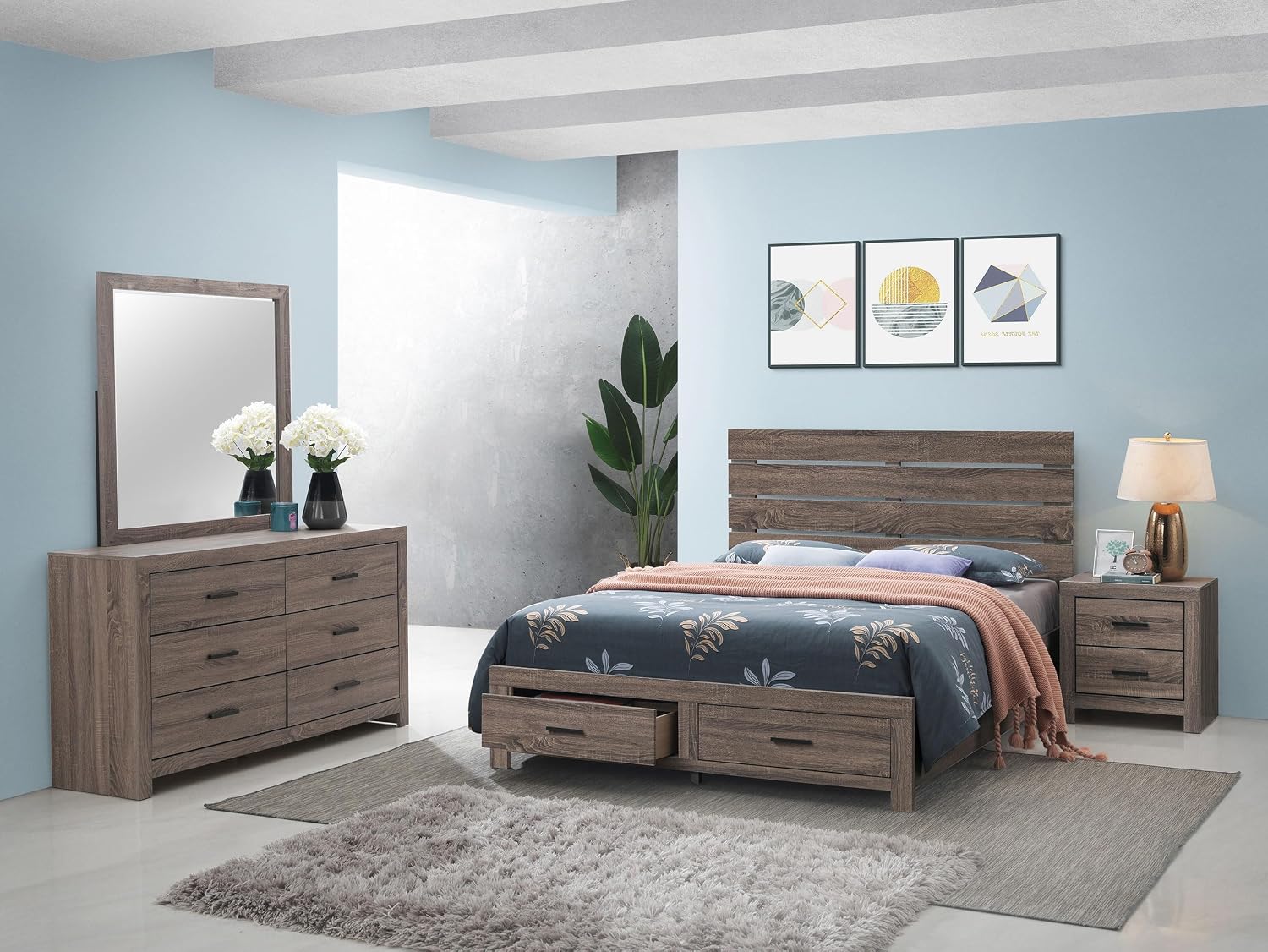 Coaster Home Furnishings Brantford Farmhouse 4-piece Bedroom Set Queen Size Storage Panel Bed Frame 49-inch Headboard Barrel Oak 207040Q-S4
