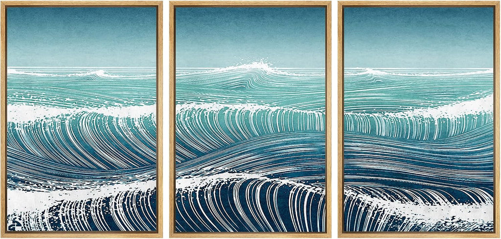 SIGNWIN Framed Canvas Print Wall Art Set Teal Blue Duotone Ocean Wave Sea Nature Wilderness Illustrations Modern Art Decorative Scenic Rustic Zen for Living Room, Bedroom, Office - 16'x24'x3 Natural