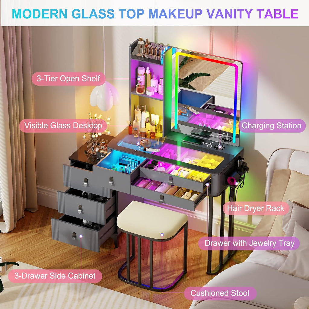 RGB Vanity Desk with Mirror and Lights, Glass Top Makeup Vanity Table with Wireless Charging Station, Dressing Table with Chair & 6 Drawers (Grey)