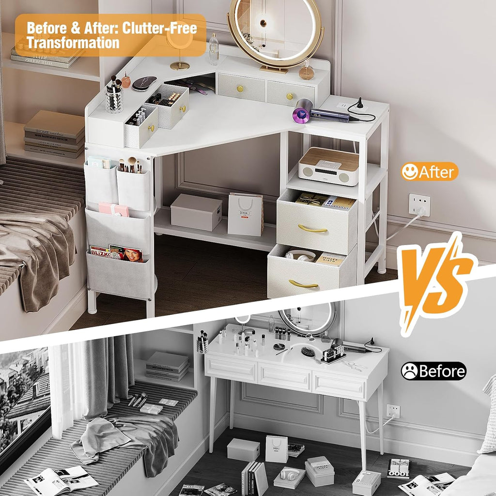 Espelism Corner Vanity Desk with Charging Station, 49.6' Makeup Table with Fabric Drawers & Side Pocket, Space-Saving Dressing Table for Small Space Bedroom Dorm(White)