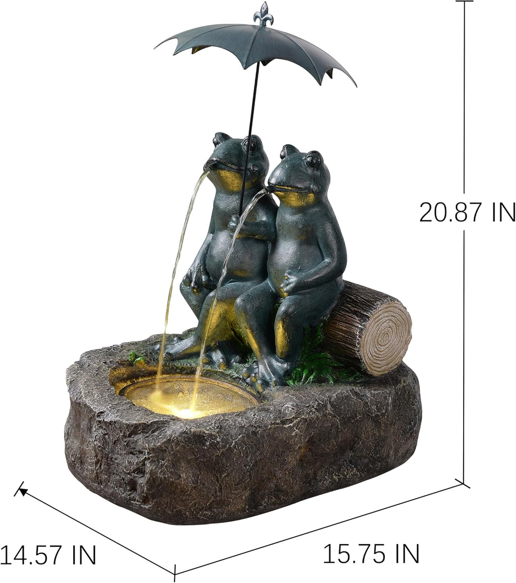 21' Frog Outdoor Water Fountain with LED Lights, Whimsical Resin Tabletop Waterfall Fountain Under Umbrella, Soothing Zen Garden Decor for Patio, Yard, Porch & Deck, Faux Bronze