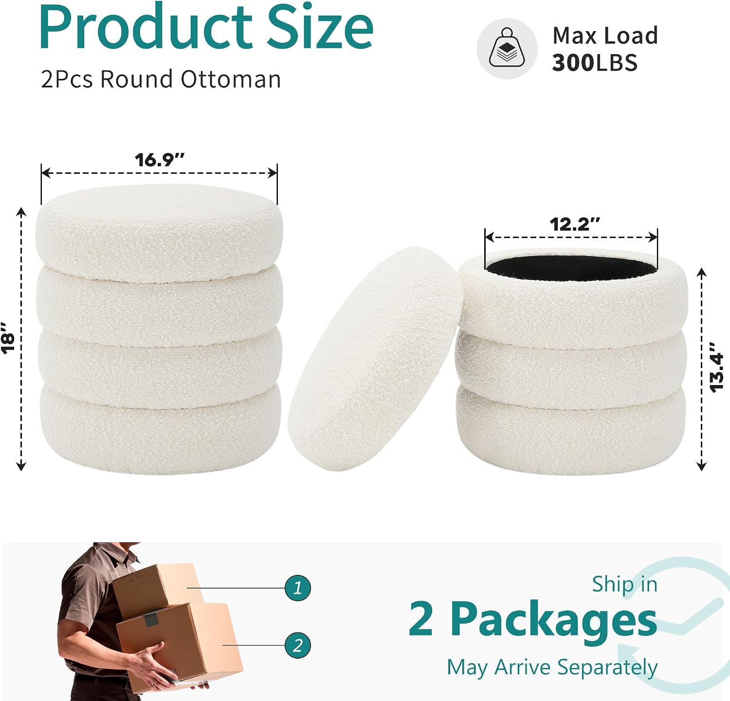 Busaurus Round Ottoman with Storage for Living Room Small Boucle Foot Stool Modern Upholstered Vanity Stool Ottoman Foot Rest for Dorm Corner Home Decor, Set of 2 (White)