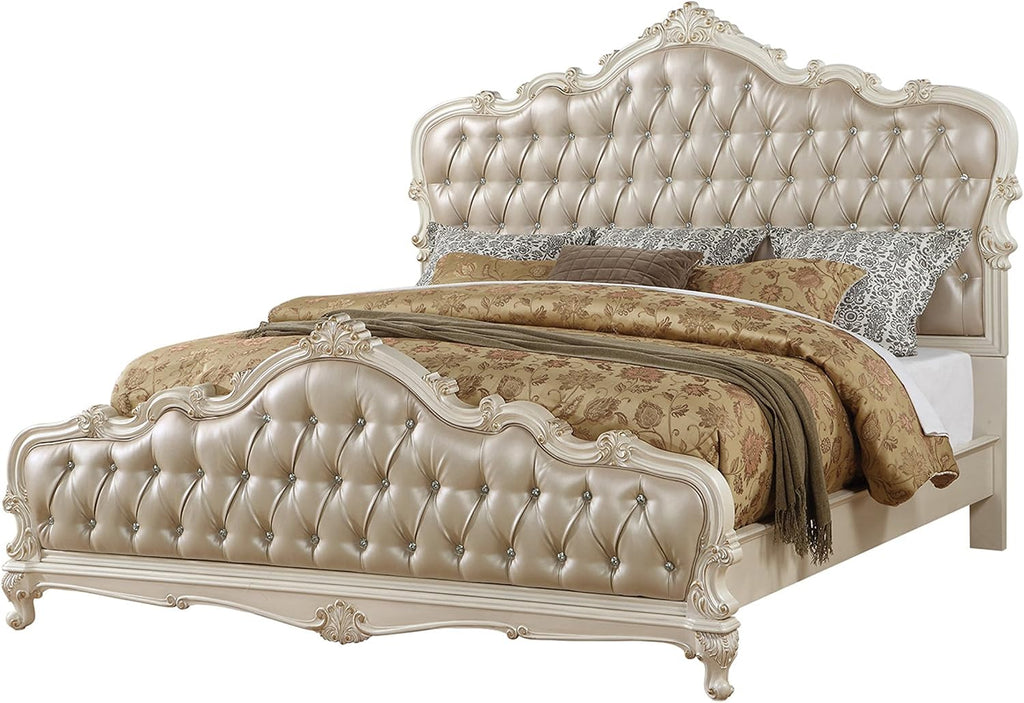 Acme Chantelle Tufted Faux Leather California King Bed in Rose Gold/White