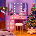 Lareth Corner Vanity Desk with 3 Way Mirror and Lights, Modern Makeup Vanity with Charging Station, Stool, 45.5' Large Bedroom Dressing Table with 2 Drawers & Shelves, Gifts for Girls Women, Pink