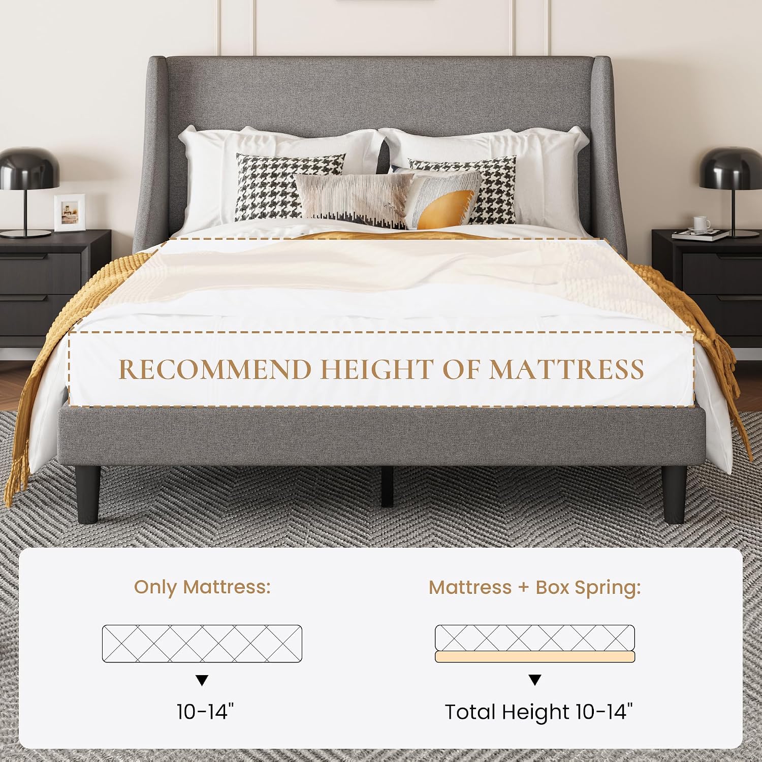 SHA CERLIN Platform Bed Frame Queen Size with Upholstered Headboard – Sleek Wingback Design, Reinforced Wood Slat Support, Light Grey