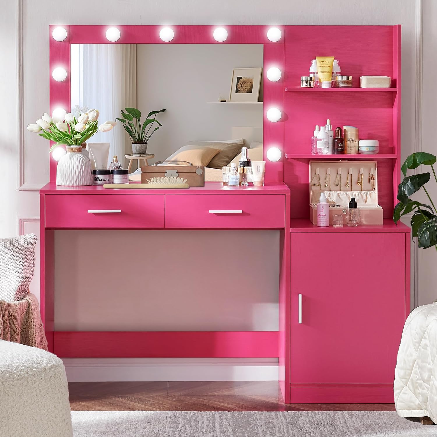 MIRROTOWEL 46.7' Vanity Desk with Mirror & LED Lights, Dressing Table with 2 Large Drawers & Vertical Organizer, 3-Tier Storage, 3 Adjustable Lighting Modes, Makeup Desk for Bedroom