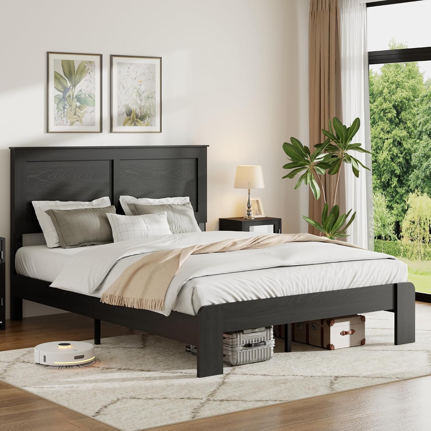 QNICE Wooden Bed Frame Queen Size with Headboard - Farmhouse Platform Bed Frame, Wood Slat Support, No Box Spring Needed & Easy Assembly with Large Under Bed Storage (Rustic Black)