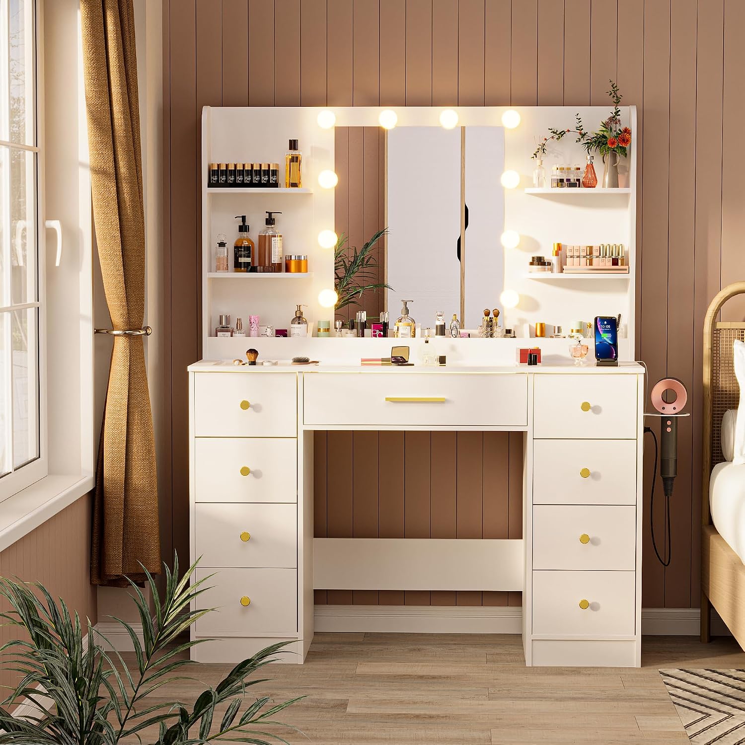 LAKEMID Vanity Desk with Mirror and Lights,Large Makeup Vanity Table Transparent Glass Top with 9 Drawers & Power Outlet,3 Lighting Modes,White Vanity Desk Dressing Table for Women Bedroom
