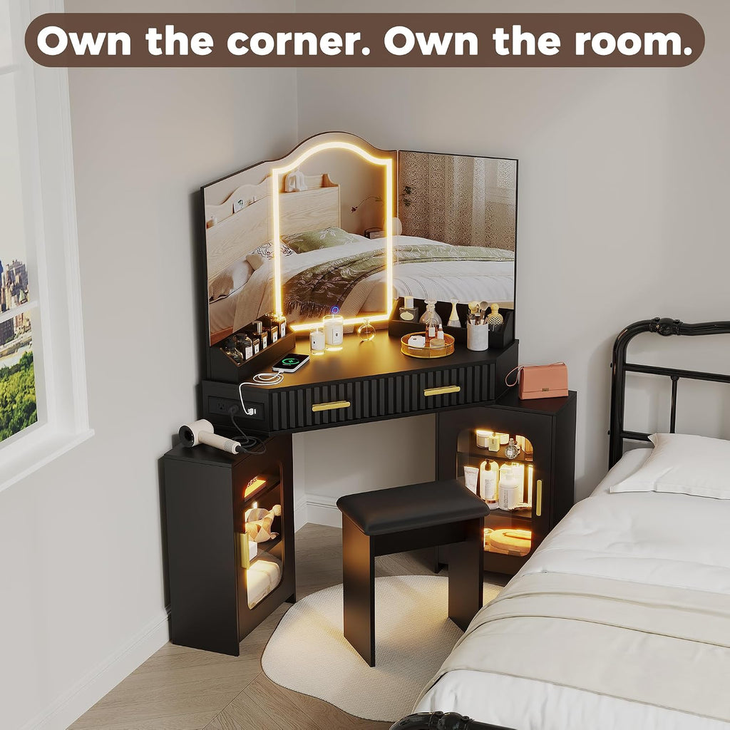 Corner Vanity Desk with 3 Way Mirror and Lights, 54' Modern Makeup Table Set with 2 Drawers & 2 Storage Cabinets, Charging Station, Stool, Large Bedroom Hexagonal Dressing Table (Matte Black)