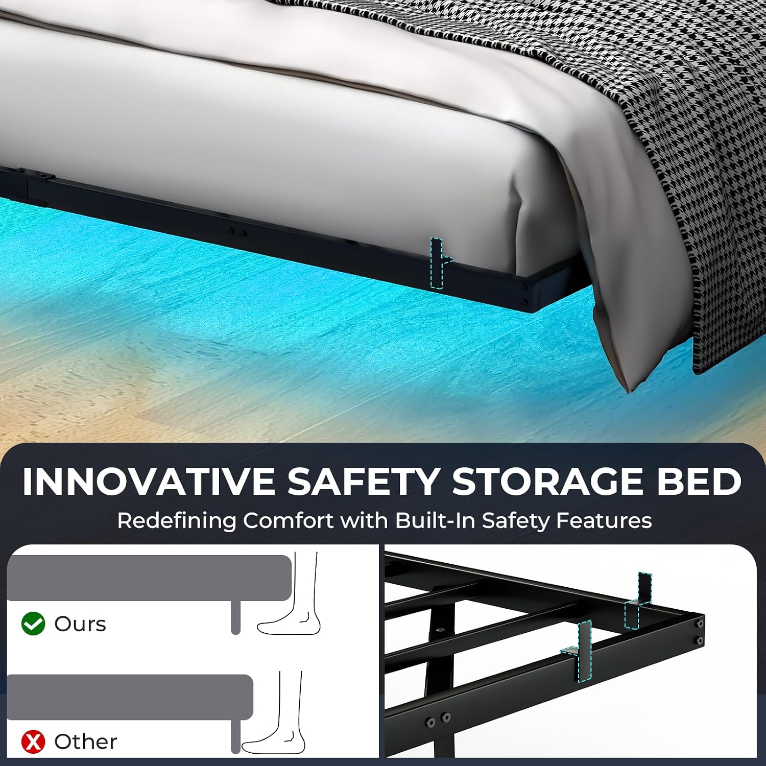 Tatub King Floating Bed Frame with Bedside Caddy, LED Floating Metal Platform Bed Frame with Charing Station & 4 Mattress Slide Stopper, No Box Spring Needed, Easy to Assemble