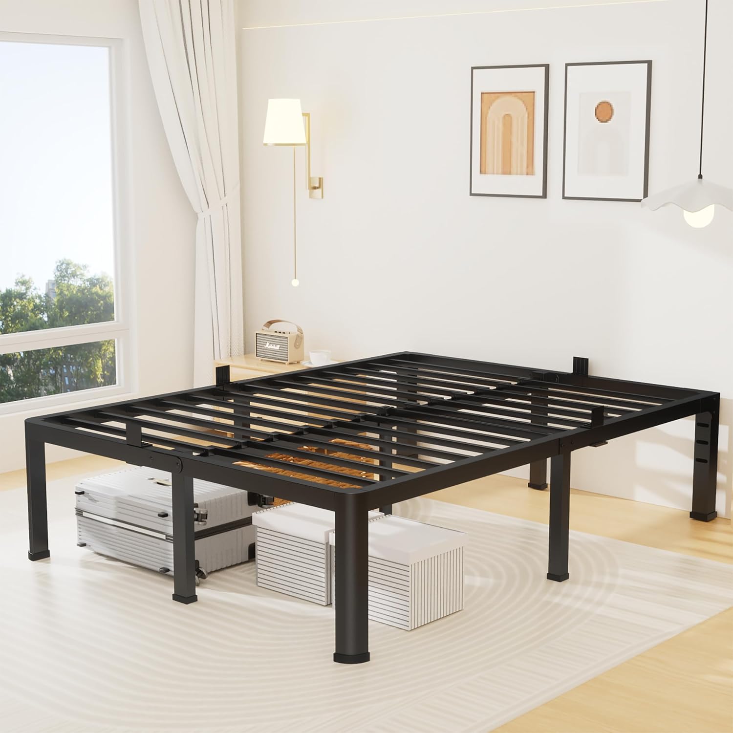 Superay 16 Inch Full Size Metal Platform Bed Frame with Round Corners, Storage Space Under High Bed Frame-Heavy Duty Steel Slats Support, Noise Free - Easy Assembly - No Box Spring Needed