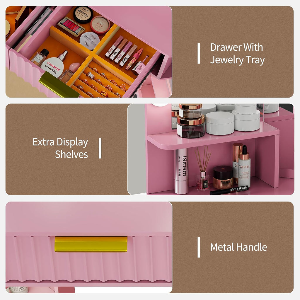 Vanity Desk with LED Lights Mirror & Power Outlet – Corner Design, Makeup Vanity Table Set with Storage Drawers & Chair, 3 Lighting Modes for Living Room/Bedroom, Ideal for Gift (Pink)