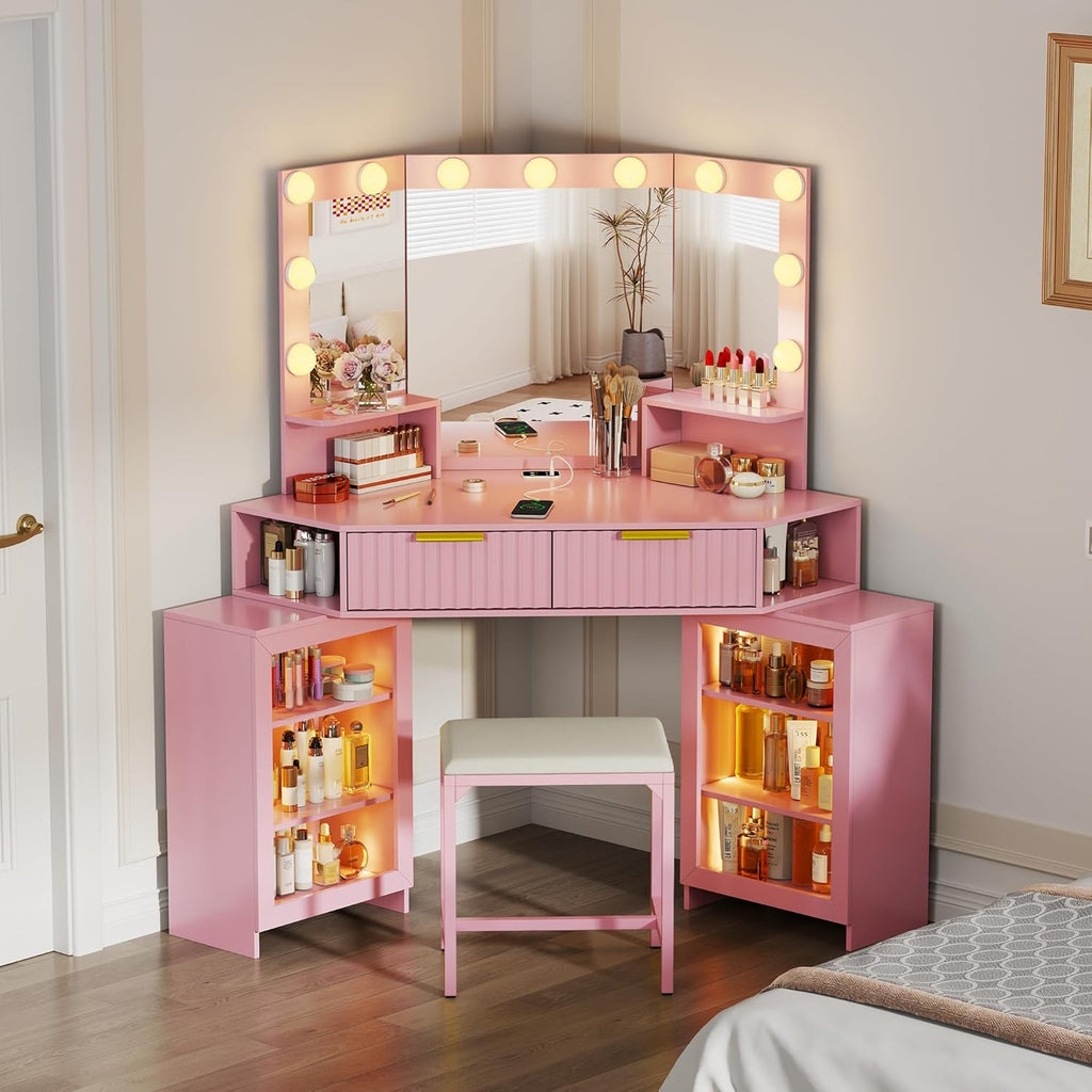 Vanity Desk with LED Lights Mirror & Power Outlet – Corner Design, Makeup Vanity Table Set with Storage Drawers & Chair, 3 Lighting Modes for Living Room/Bedroom, Ideal for Gift (Pink)