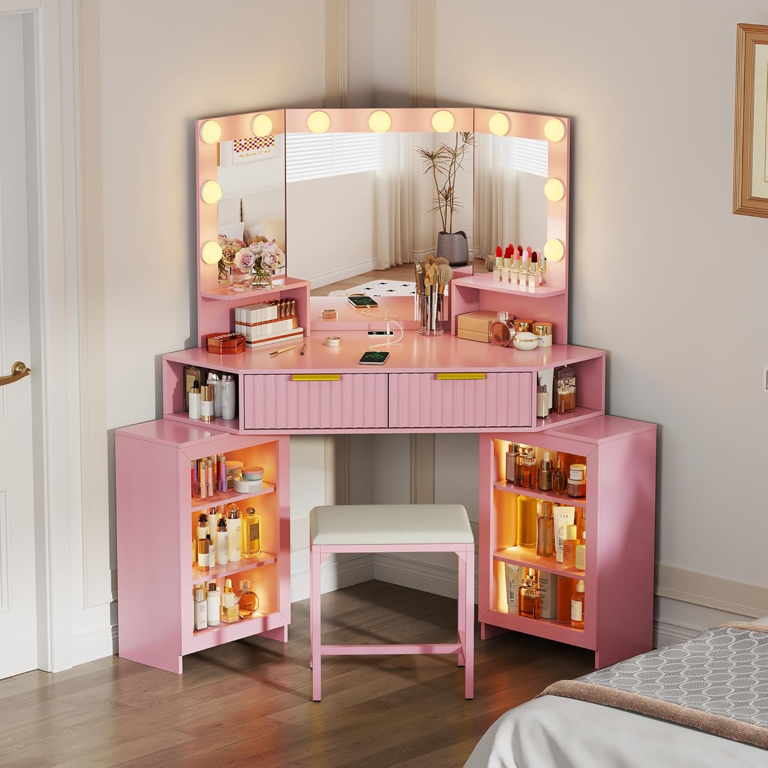 Vanity Desk with LED Lights Mirror & Power Outlet – Corner Design, Makeup Vanity Table Set with Storage Drawers & Chair, 3 Lighting Modes for Living Room/Bedroom, Ideal for Gift (Pink)