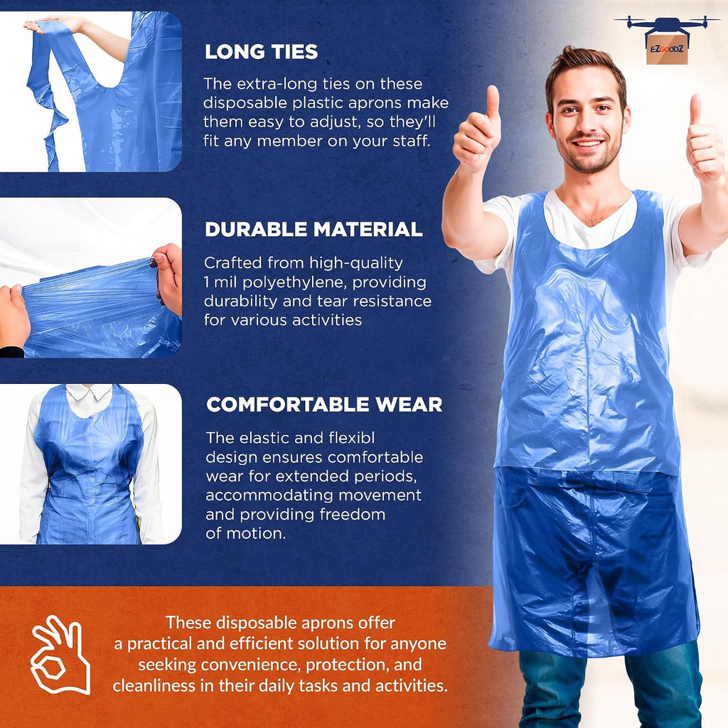 EZGOODZ Disposable Plastic Aprons for Adults 28 x 46 Inch, Pack of 1000 Blue, Waterproof Lightweight 1.0 Mil for Painting, Food Service, Cleaning