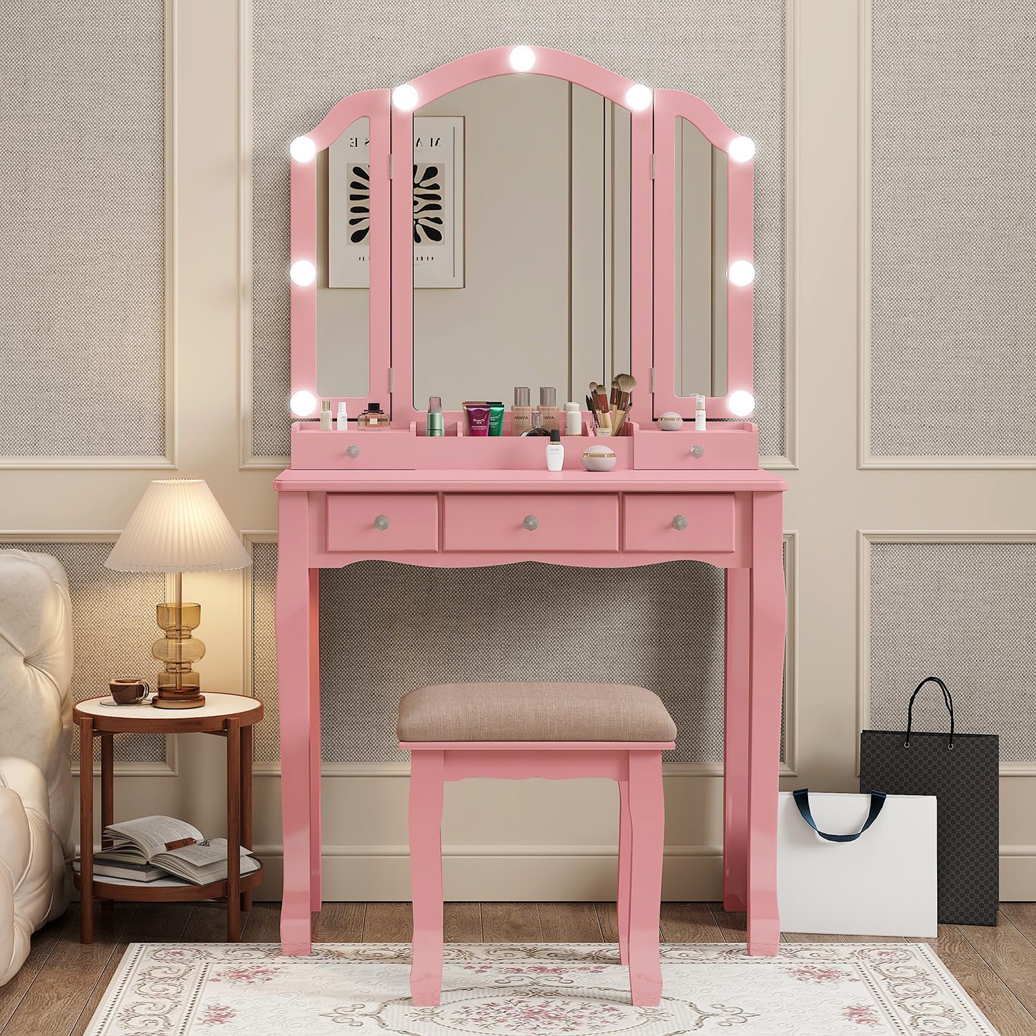 YIXHQ Vanity with Lights Girls Vanity Desk Set with Drawers Makeup Vanity Desk with Mirror and Lights Make Up Pink Makeup Vanity for Girls Table with Stool