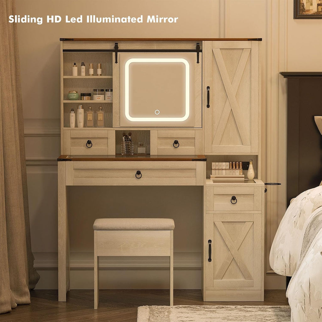 Farmhouse Makeup Vanity Desk with Sliding Mirror and Lights, 42 Wood Vanity Table Set with Glass Top, Power Outlets, Jewelry Storage Cabinet, 4 Drawers, Stool for Country Room Decor, Antique White