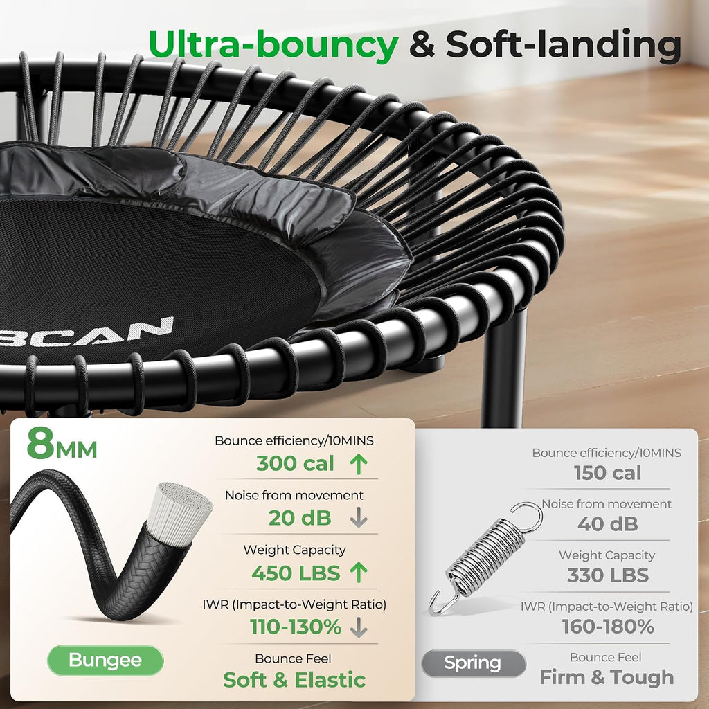 BCAN BT2 450/550LBS Mini Rebounder Trampoline for Adults with Bar, Fitness Trampoline with Bungees, Adjustable Handle, Stable & Quiet, Indoor Outdoor, Whole-Body Workout & Relaxation at Home-40IN/48IN