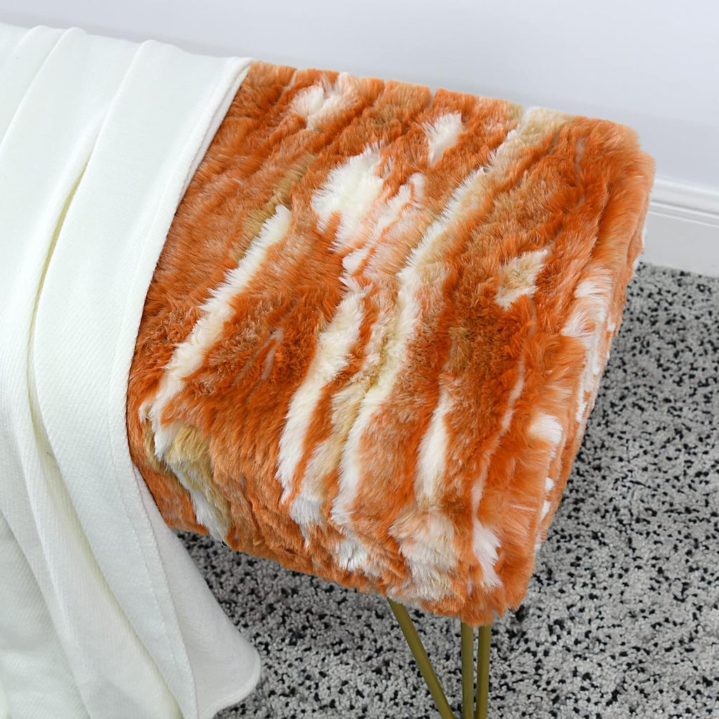 Burnt Orange Rectangle Long Bench Soft Faux Fur Ottoman 46'x16'x22' Sturdy Accent Furry Footrest Stool for Bedroom at The End of Bed Coffee Table for Living Room Closet Entryway Golden Legs