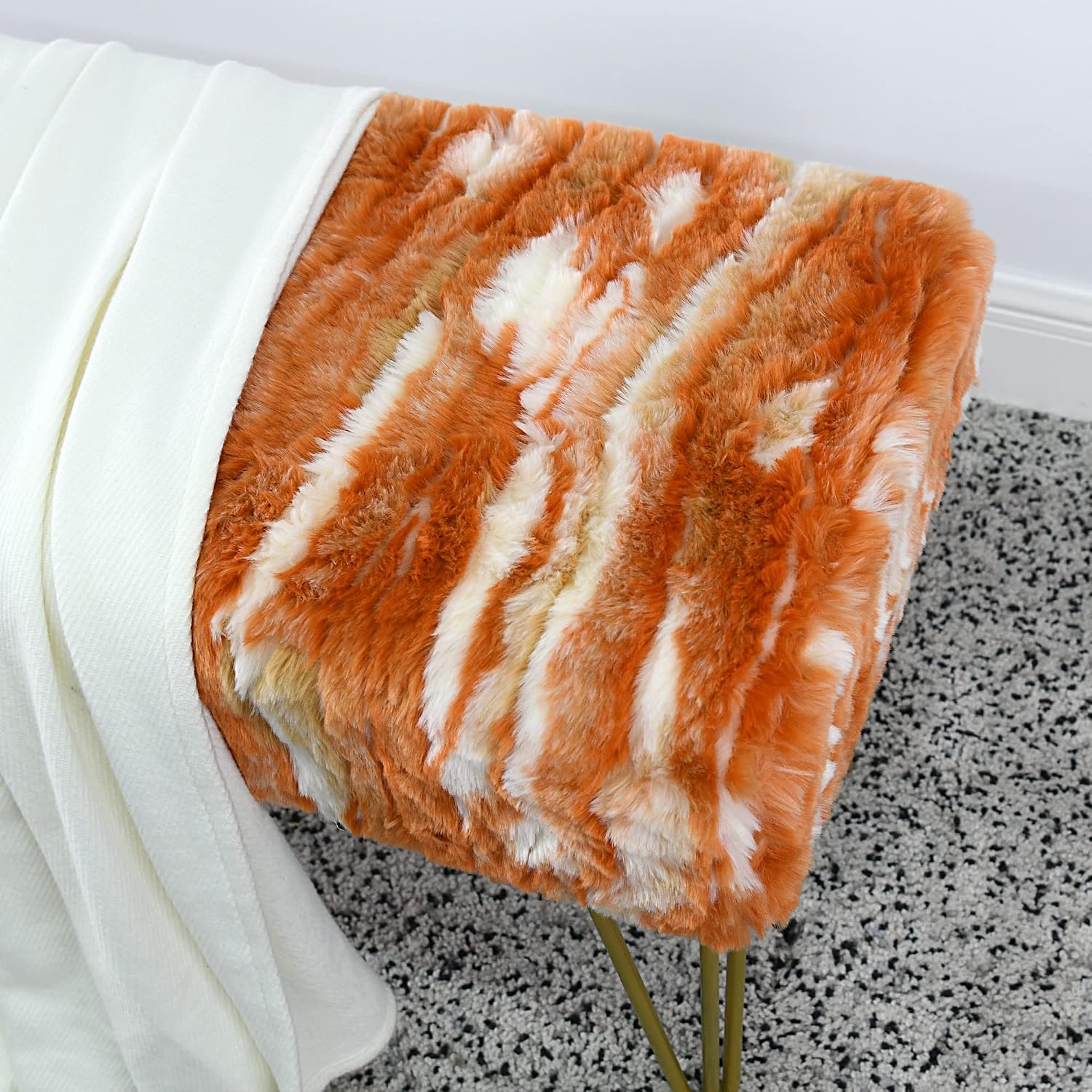 Burnt Orange Rectangle Long Bench Soft Faux Fur Ottoman 46'x16'x22' Sturdy Accent Furry Footrest Stool for Bedroom at The End of Bed Coffee Table for Living Room Closet Entryway Golden Legs