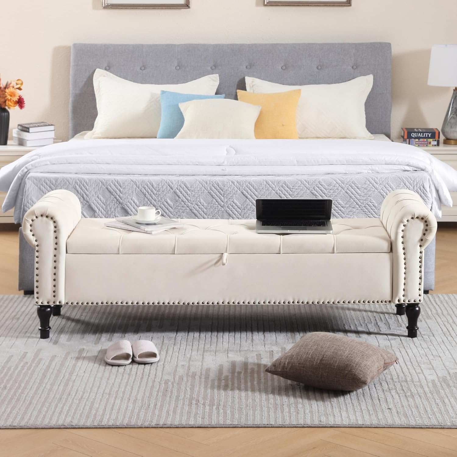 Storage Bed Bench for Bedroom, Velvet 67' End of Bed Benches, King Size Bench with Armrest, Tufted Button Upholstered Ottoman Bench for Living Room, Entryway, Cream Beige